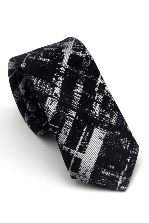 Beyaz Desenli Siyah Dokuma Kumaş Mendilli Slim Fit Kravat // SDK-2601-1