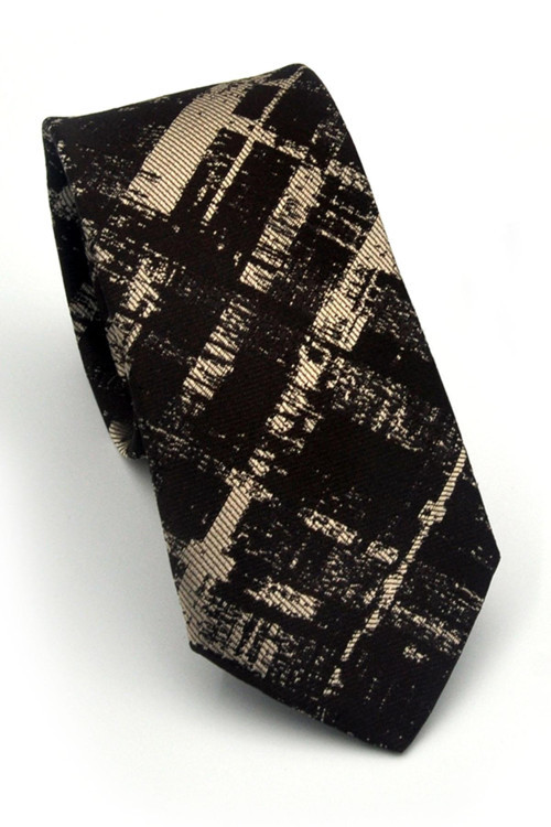 Bej Desenli Kahverengi Dokuma Kumaş Mendilli Slim Fit Kravat // SDK-2601-5