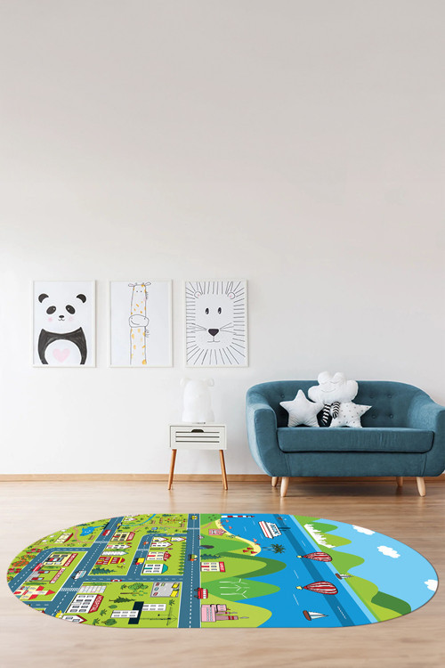 Dijital Baskılı Trafik Yol Desenli Yıkanabilir Kaymaz Taban Oval Çocuk Odası Halısı