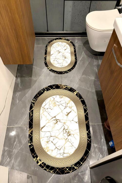 Su Emici Yumuşak Kaymaz Taban Sünger Dolgulu Yıkanabilir Dekoratif Banyo Paspası Takımı 1054 Oval