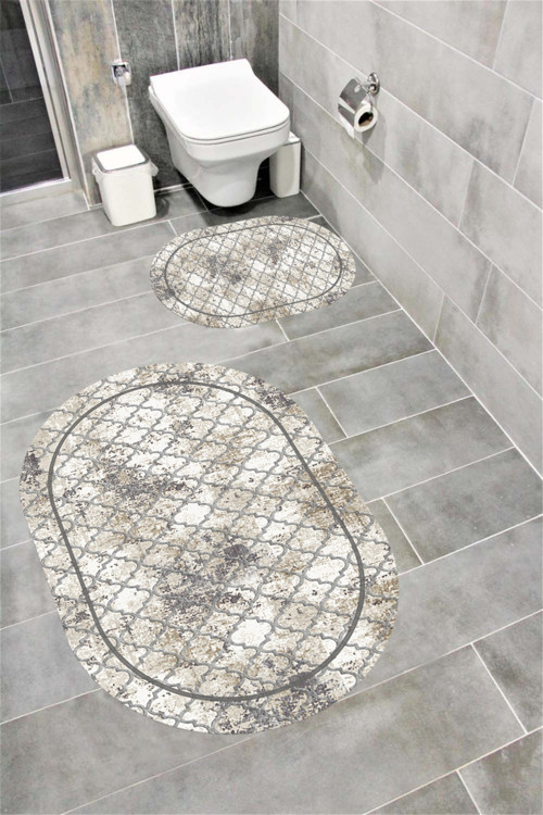 Su Emici Yumuşak Kaymaz Taban Sünger Dolgulu Yıkanabilir Dekoratif Banyo Paspası Takımı 1064 Oval