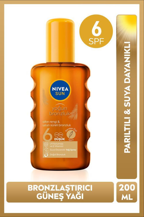 SUN SPF6 Bronzlaştırıcı Güneş Yağı 200 ml,Altın Rengi ve Parıltılı,Suya Dayanıklı,E Vitamini,Karoten