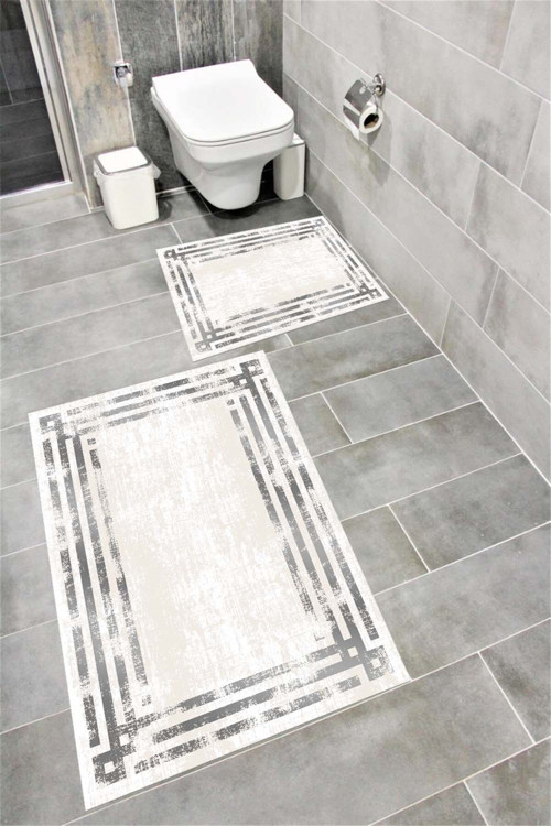 Su Emici Yumuşak Kaymaz Sünger Dolgulu Yıkanabilir Dekoratif Banyo Paspası Takımı-1074Silverygri
