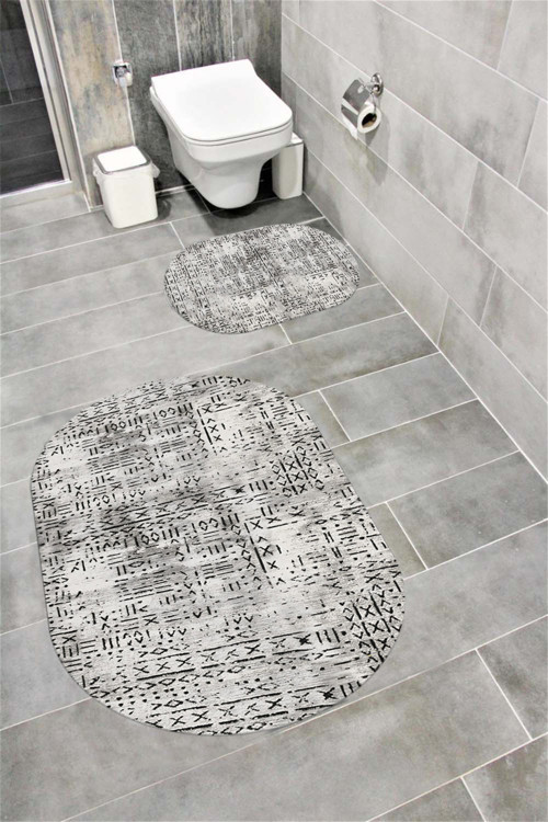 Su Emici Yumuşak Kaymaz Sünger Dolgulu Yıkanabilir Dekoratif Banyo Paspası Takımı 1111Açıkgri Oval