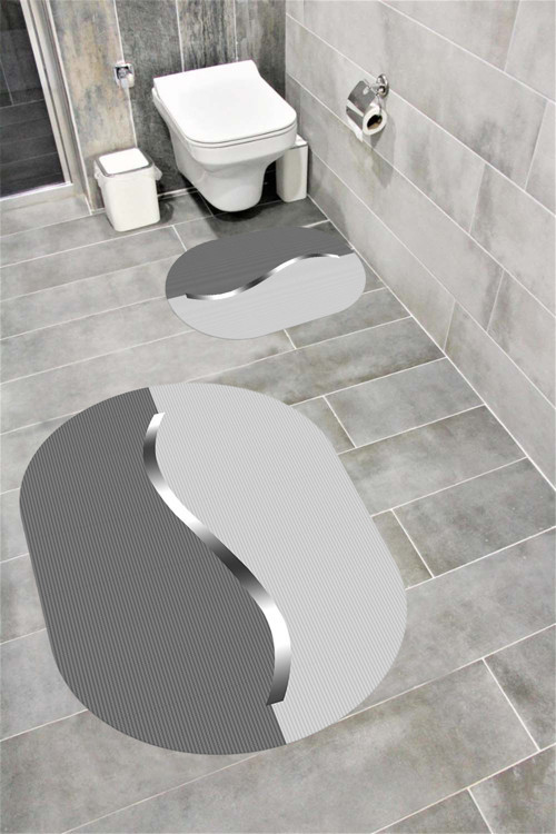 Su Emici Yumuşak Kaymaz Sünger Dolgulu Yıkanabilir Dekoratif Banyo Paspası Takımı 1154Tekçizgioval