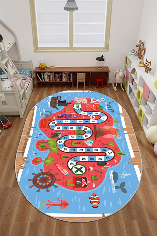 Dijital Baskılı Korsan Yol Desenli Yıkanabilir Kaymaz Taban Oval Çocuk Odası Halısı