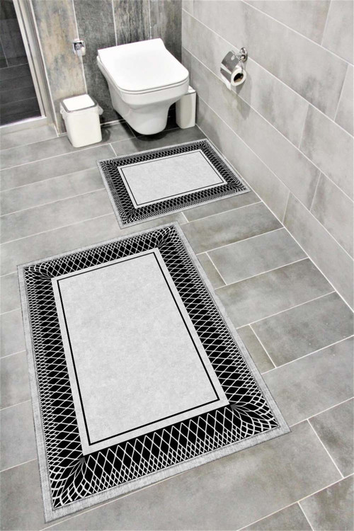 Su Emici Yumuşak Kaymaz Taban Sünger Dolgulu Yıkanabilir Dekoratif Banyo Paspası Takımı-1169Gri