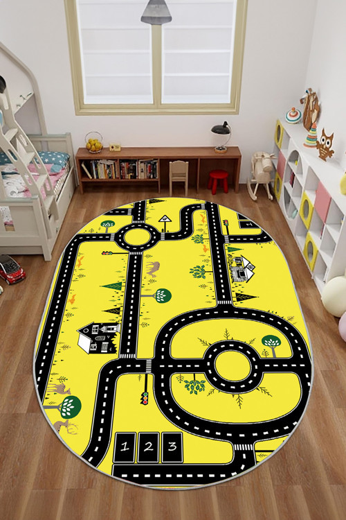 Dijital Baskılı Otomobil Yol Desenli Yıkanabilir Kaymaz Taban Oval Çocuk Odası Halısı