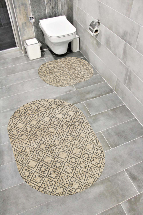 Su Emici Yumuşak Kaymaz Taban Sünger Dolgulu Yıkanabilir Dekoratif Banyo Paspası Takımı 1230 Oval