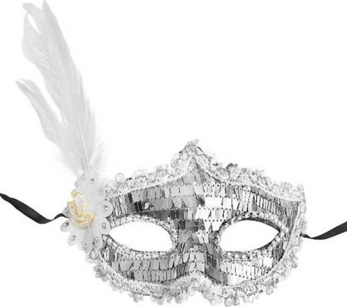 Büro Ev Ofis Gösteri Kostümü için 18x22CM Silver Payet Pullu Beyaz Yan Tüylü Maske