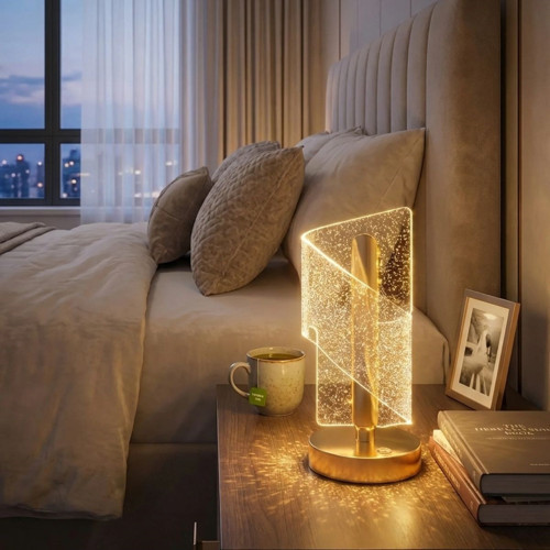 Büro Ev Ofis Dekoru için Şarjlı 3MOD Golden Simli Model Çapraz Kavisli Kristal Led Masa Lambası