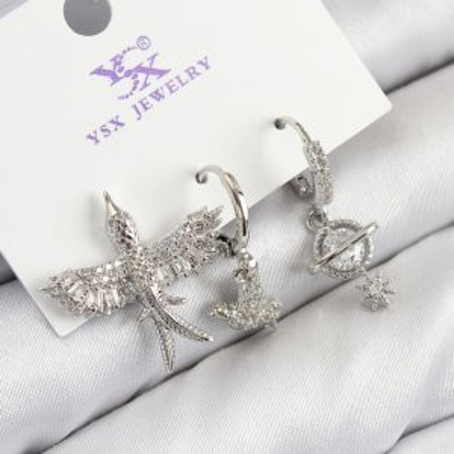 Pirinç Zirkon Taşlı 3lü Kuş Model Gümüş Renk Kadın Küpe