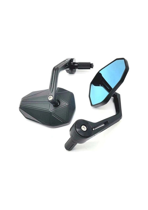 Motosiklet Gidon Ucu Cnc Kesim Mat Siyah Geniş Mavi Cam Ayna Mat Siyah