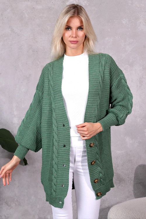 Kadın Triko Hırka Akrilik iplik 80 cm Saç Örgülü Çağla Yeşili (80cm)