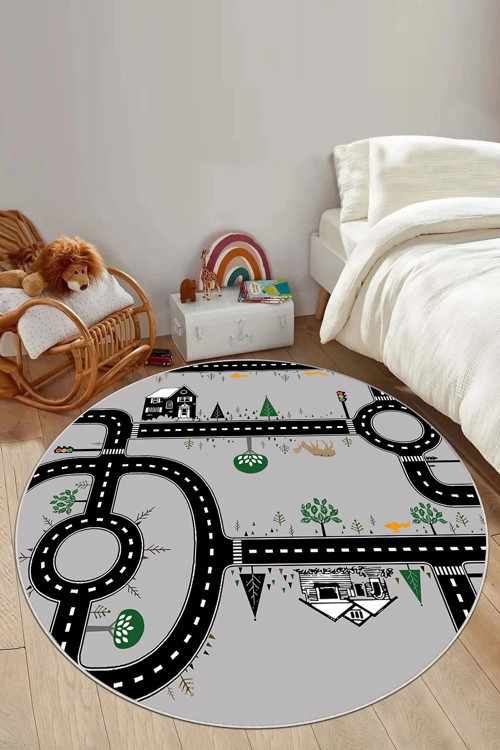 Baskılı Otomobil Yol Desenli Yıkanabilir Taban Yuvarlak Çocuk Odası Halısı