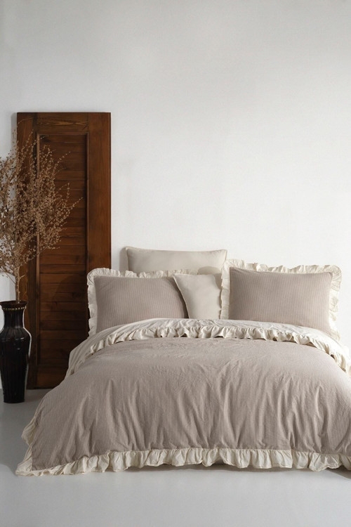 Ruffle %100 Pamuklu Fırfırlı Ipliği Boyalı Çift Kişilik Nevresim Takımı 200x220