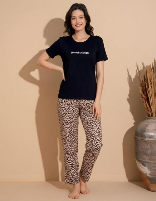 Slim Fit Dar Kesim Kadın Milan Bisiklet Yaka Kısa Kol Pijama Takımı 11000S - 1 Adet