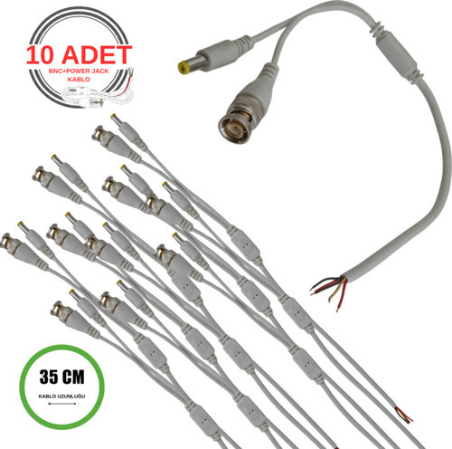 10 Adet Hazır Bnc + Dc Power Jak Konnektör Cctv Ahd Tvı Y Kablo