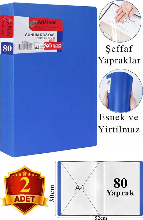 Mavi Sunum Dosyası 80 li 2 Adet Poşet Dosyalı Katalog Dosyası 80 Poşetli Kendinden Dosya Plastik Kapaklı