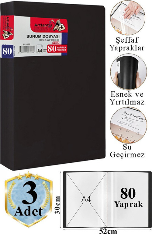 Siyah Sunum Dosyası 80 li 3 Adet Poşet Dosyalı Katalog Dosyası 80 Poşetli Kendinden Dosya Plastik Kapaklı