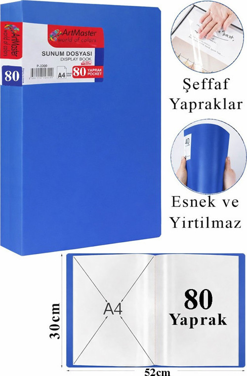 Mavi Sunum Dosyası 80 li 1 Adet Poşet Dosyalı Katalog Dosyası 80 Poşetli Kendinden Dosya Plastik Kapaklı