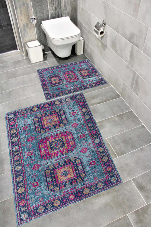Kaymaz Tabanlı Suya Dayanıklı Dijital Baskılı Banyo Paspası Takımı 1640