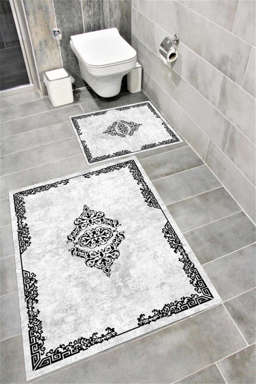 Su Emici Yumuşak Kaymaz Taban Sünger Dolgulu Yıkanabilir Dekoratif Banyo Paspası Takımı Pervaz