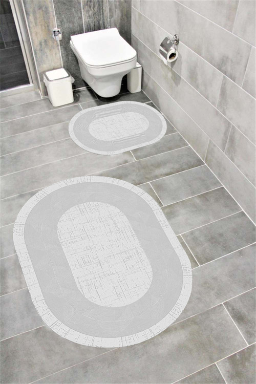 Su Emici Yumuşak Kaymaz Taban Sünger Dolgulu Yıkanabilir Dekoratif Banyo Paspası Takımı 1250Grioval