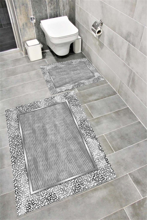 Su Emici Yumuşak Kaymaz Taban Sünger Dolgulu Yıkanabilir Dekoratif Banyo Paspası Takımı 1200Gri