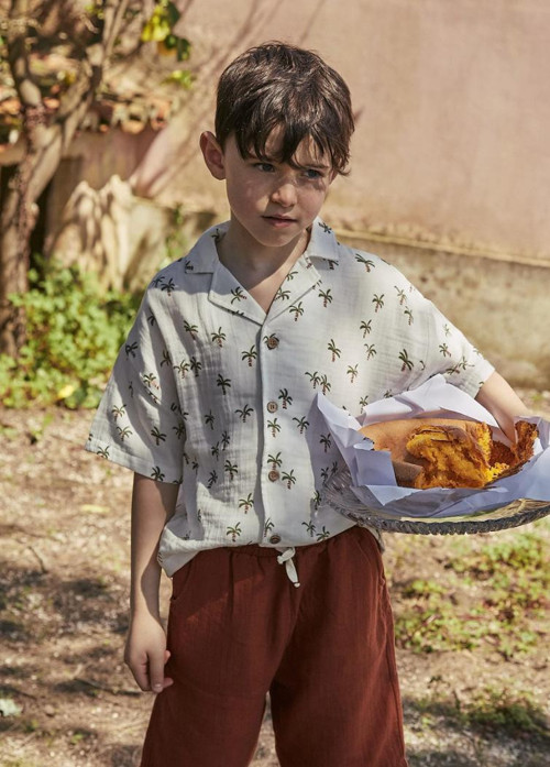 Palmiye Desenli Gömlek Müslin Takım 2-10 Yaş Ekru