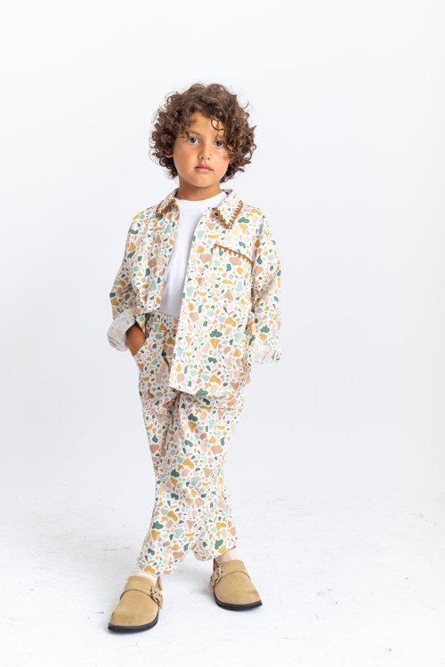 Yaka Ve Cep Nakışlı Poplin Takım 2-7 Yaş Ekru Desen