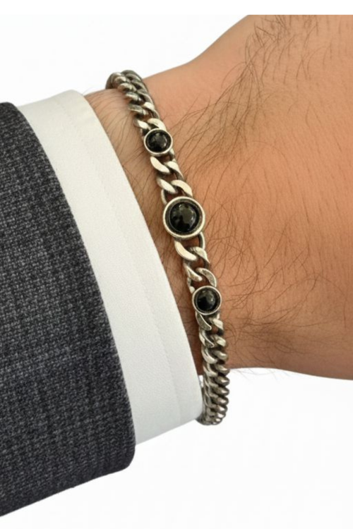 Beaded natural stone Silver Black Çelik Bileklik
