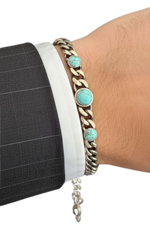 Beaded natural stone Silver Blue Çelik Bileklik