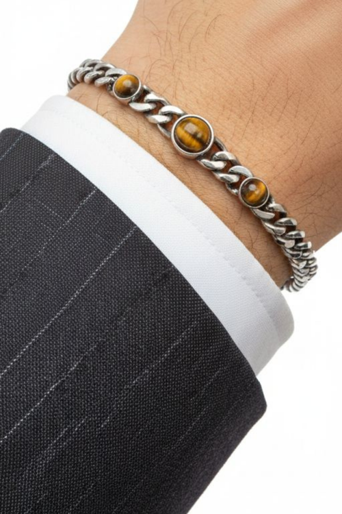 Beaded natural stone Silver Yellow Çelik Bileklik