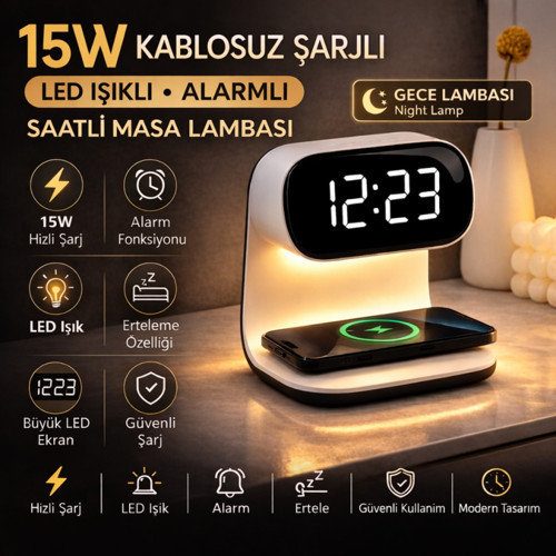 15W Kablosuz Şarjlı LED Masa Lambası Saat | Alarm Özellikli Dijital Saat | Gece Lambası | LED Ekran