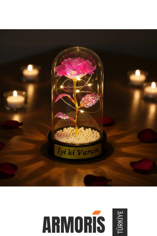 Fanus Gün Işığı Led Aydınlatmalı İncili Dekoratif Romantik Tasarım Güllü Led Fanus