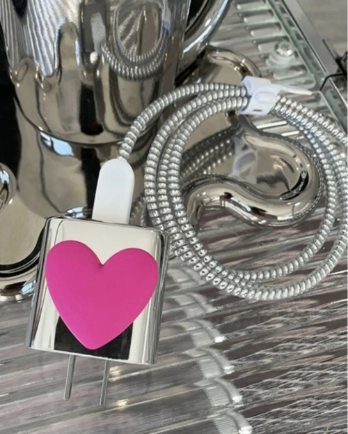 iPhone 18W/20W Gümüş-Pembe Kalp Uyumlu Şarj Kılıfı, Şarj Kablosu Örme Aparatı, Kablo Koruyucu Aparatı,Pk
