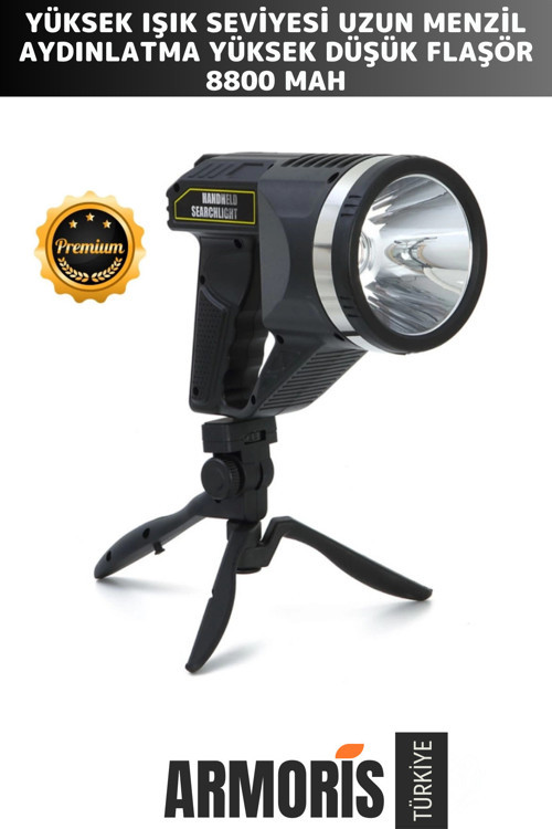 Yeni Seri 8800 Mah 5 Modlu Beyaz Aydınlatmalı 18.5Cm Uzunluk Askılı Tripod Şarjlı Güvenlik Feneri