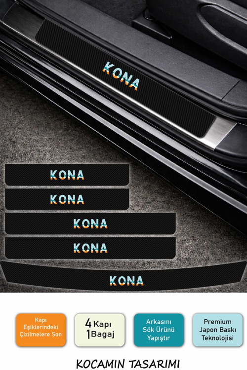 Hyundai Kona Kapı Eşiği Karbon Koruyucu Set – Kona Modeline Uyumlu 5 Parça Premium Baskı