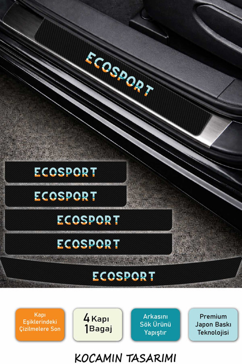 Karbon Kaplama Ford EcoSport Kapı Eşiği Koruyucu Seti – 5 Parça Şık Renkli Baskı