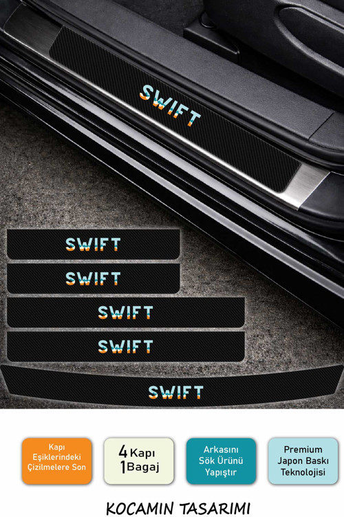 Suzuki Swift Kapı Eşiği Koruyucu Seti – Karbon Folyo Swift Uyumlu 5 Parça Renkli Baskı