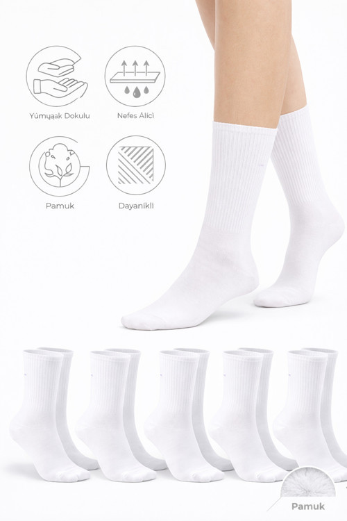 %80 Pamuklu Beyaz Spor Çorap 4 Çift – Unisex, Ribanalı, Günlük Rahat Çorap