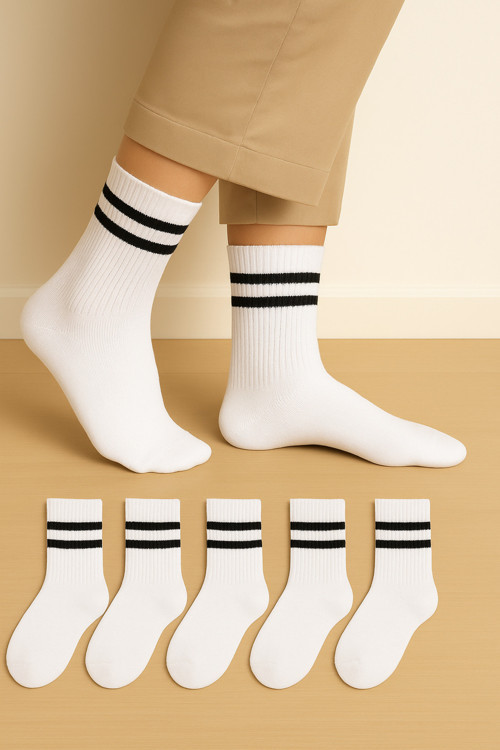 Unisex Beyaz Siyah Çizgili Kolej Stil Spor Çorap – 6’Li Paket Yüksek Pamuk Oranlı