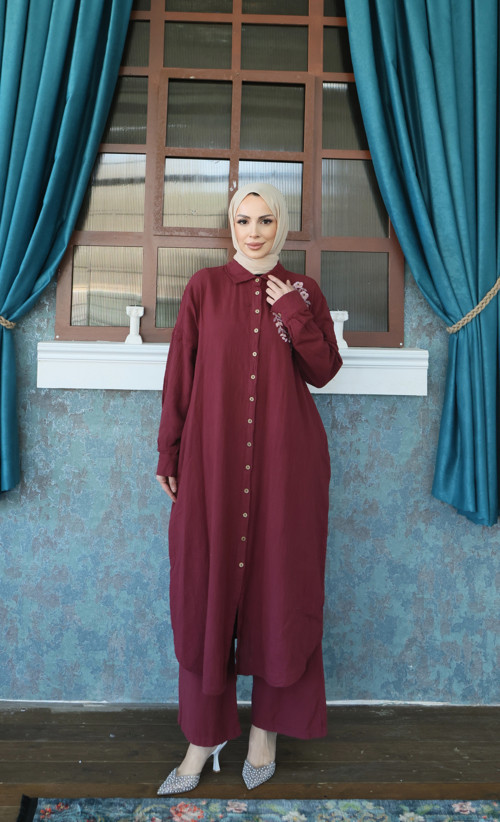 Çiçek Nakışlı Pamuk Keten Takım