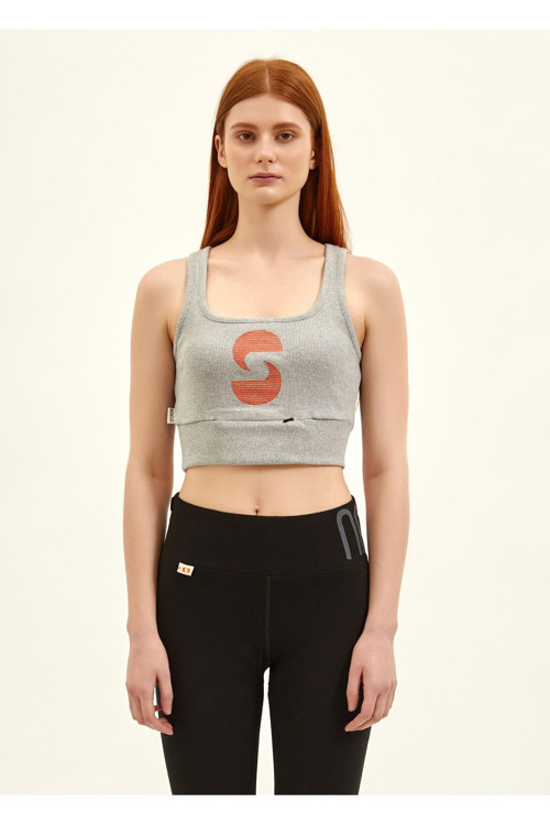 Kadın Açık Yaka Aktif Gri Krom Crop Top