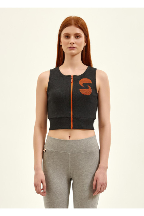 Kadın Aktif Fermuarlı Antrasit Crop Top