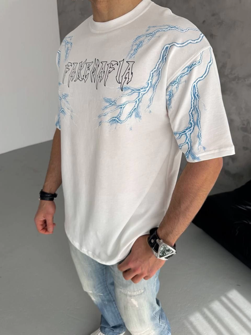 Erkek Bisiklet Yaka Baskılı Kısa kol T-Shirt - Beyaz