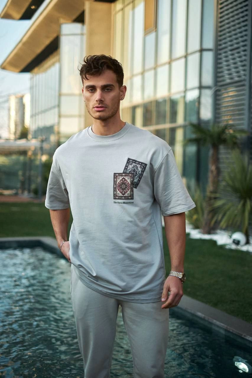 Bisiklet Yaka Baskılı Oversize T-Shirt - Boyalı Gri