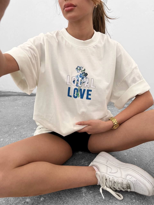 Bisiklet Yaka Baskılı Oversize T-Shirt - Beyaz