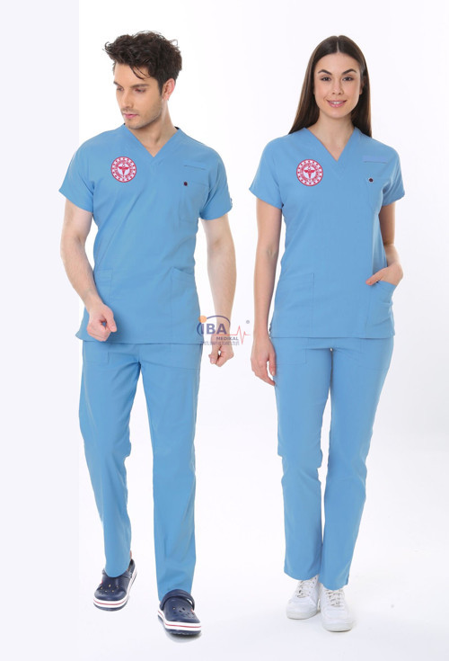 ALASKA MAVİSİ DOKTOR HEKİM FORMASI LİKRALI SCRUBS TAKIM (ALASKAN BLUE)